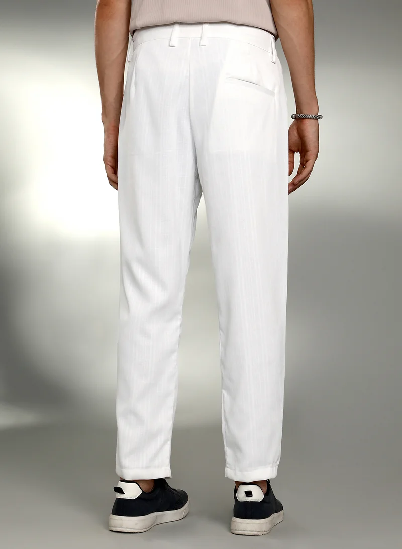 Campus Sutra  Men's Cream White Pleated Tailored Trousers For Casual Wear | Mid-Rise | 3 Pockets | Button Closure | Trousers Crafted With Comfort Fit For Everyday Wear for Men | Best Price UAE